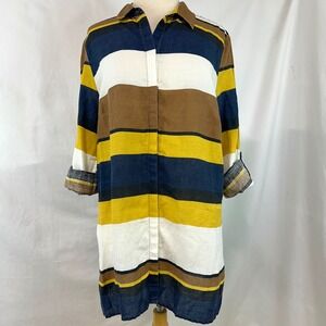 CHICO'S 100% Linen Striped Button Up Tunic Top Roll Tab Sleeve Women's 2/L Lagum